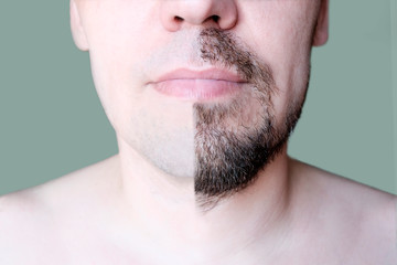 Obraz premium Men's short beard and lips close-up. Half-trimmed beard on the man's face . Light green background.