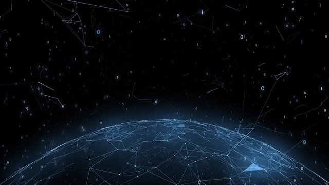 Artistic computer binary numbers data with network sphere animation background. View from space. 