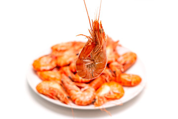 Boiled shrimp on the background of a plate of shrimp