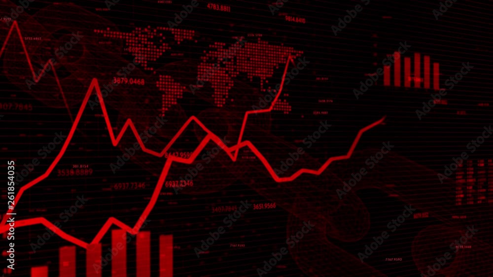 Poster artistic financial business chart with red diagrams and blurry stock numbers showing losses over tim