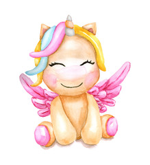 Watercolor fairytale cute unicorn with wings. Children's watercolor illustration for baby.