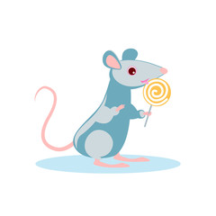 rat is licking a Lollipop, holding a candy on a stick. Symbol of Chinese new year. Vector