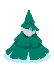 Rat looks out of the Christmas tree. Symbol of the Chinese new year 2020. Sign of the lunar horoscope. Vector