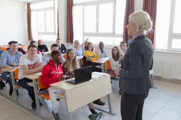 Female attractive professor explain lesson to students and interact with them in the...
