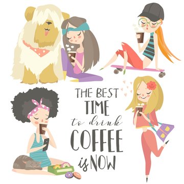 Cute young girls drinking coffee. Vector set