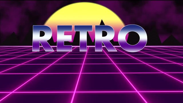 Retro text with purple futuristic 80's synthwave with sun grid background. 