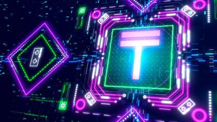 The Tenge money mining sign concept. Hi-tech cyber security theme 3d render