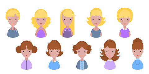 Woman avatar set vector illustration. Beautiful young girls portrait with different hair style isolated on white background