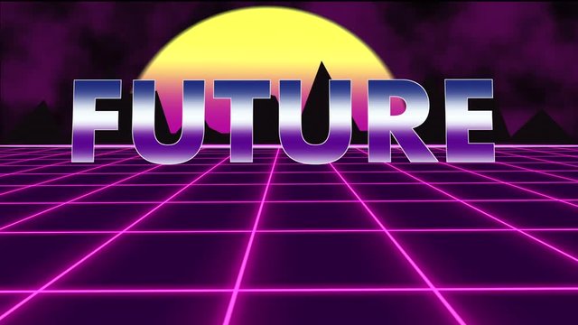 Future text with purple futuristic 80's synthwave with sun grid background. 