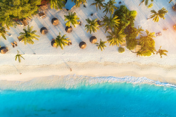 Aerial view of umbrellas, palms on the sandy beach of Indian Ocean at sunset. Summer holiday in Zanzibar, Africa. Tropical landscape with palm trees, parasols, white sand, blue water, waves. Top view