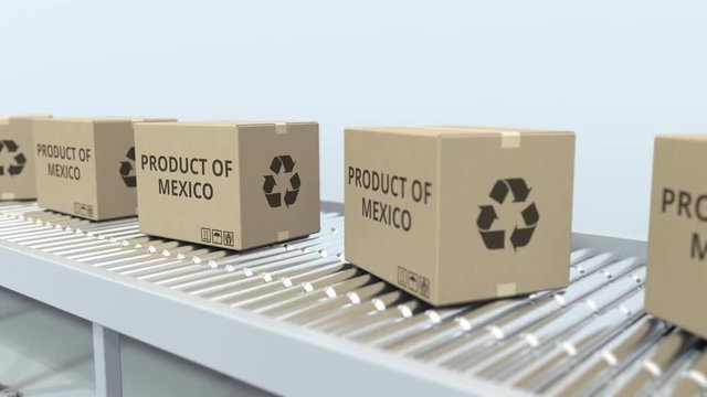 Boxes with PRODUCT OF MEXICO text on roller conveyor. Mexican import or export related 3D animation