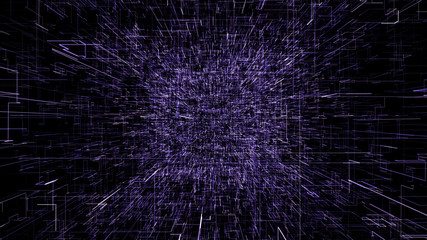 Purple abstract virtual space. 3d illustration flying through digital data tunnel. Data tunnel journey, transmission of digital information. Futuristic 3d rendering of a hi-tech cyber space line