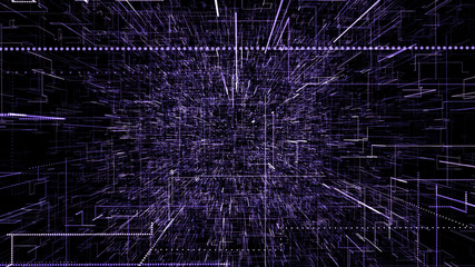 Purple abstract virtual space. 3d illustration flying through digital data tunnel. Data tunnel journey, transmission of digital information. Futuristic 3d rendering of a hi-tech cyber space line