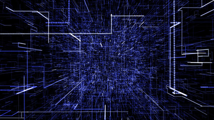 Blue abstract virtual space. 3d illustration flying through digital data tunnel. Data tunnel journey, transmission of digital information. Futuristic 3d rendering of a hi-tech cyber space line & dot.