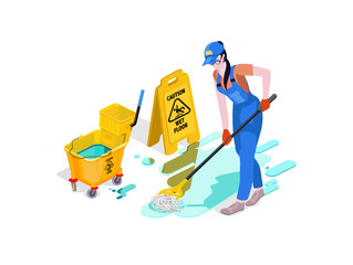 Woman dressed in uniform washes the floor in the office and cleans. Professional cleaning service with equipment and staff. 3d isometric composition Vector isolate