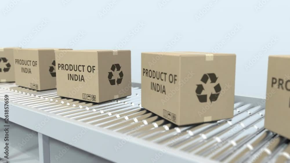 Aufkleber boxes with product of india text on roller conveyor. indian import or export related 3d animation