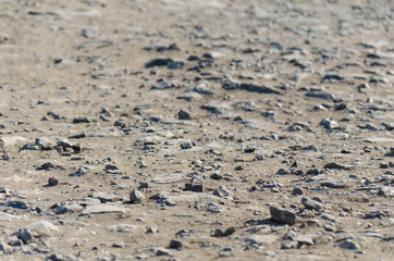 Ground ballast texture. Stones, fine sand road background. Flat lay, top view gravel, copy space