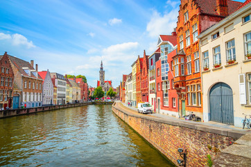 Beautiful canal Spiegelrei and Jan Van Eyck Square in Bruges (Brugge), Belgium