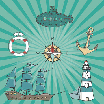 Sailing ship vector brown blue color vintage drawing ship pirate captain drive wood sailing ribbon geometric elements old transport ocean sea travel window mast shabby style illustration background