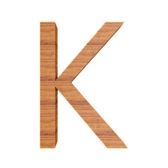 Capital wooden letter K isolated on white background, font for your design, 3D illustration