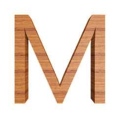 Capital wooden letter M isolated on white background, font for your design, 3D illustration