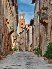 Pienza, Siena, Tuscany, Italy: the picturesque main street of the city