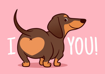 Cute smiling dachshund puppy dog vector cartoon illustration isolated on pink background. Funny 
