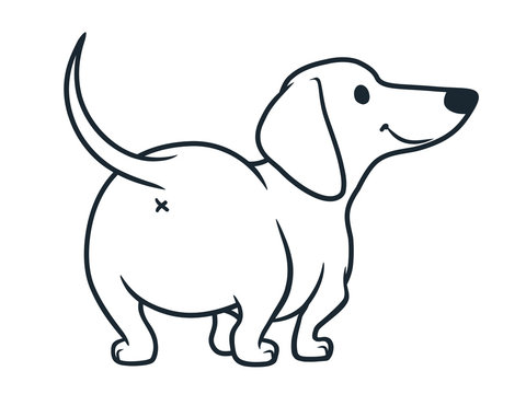 Cute wiener sausage dog vector cartoon illustration isolated on white. Simple black and white line drawing of friendly dachshund puppy, rear view. Funny doxie butt, dog lovers, pets, animals theme.