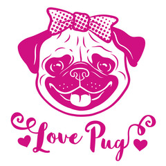 Pug dog with bow on head pink hand drawn cartoon portrait with 