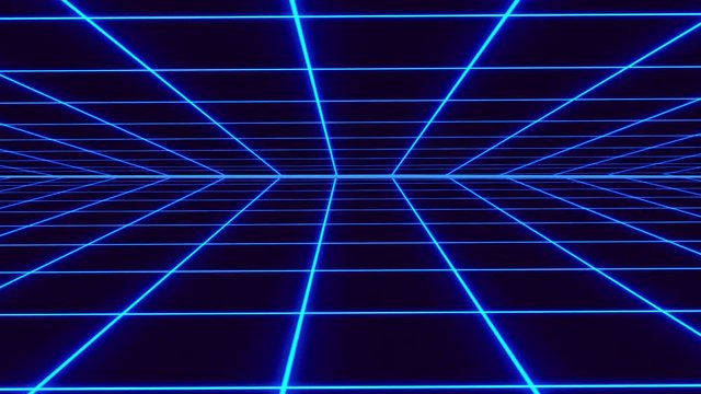 Blue retro-futuristic 80s synthwave grid background. Seamless loop futuristic background.