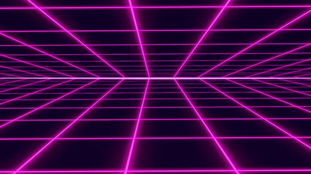 Purple retro-futuristic 80s synthwave grid background. Seamless loop futuristic background.