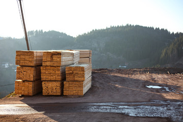Sawmill.Wooden products cut out on sawmill, complex and awaiting distribution for markets