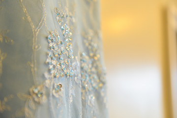 close-up of gemstone embroidery on the wedding dress, background, wedding dress, debutante dress