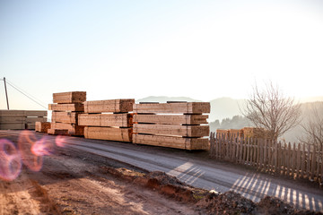 Sawmill.Wooden products cut out on sawmill, complex and awaiting distribution for markets