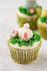 Easter cupcakes with funny bunny and grass on white background. Easter holiday concept