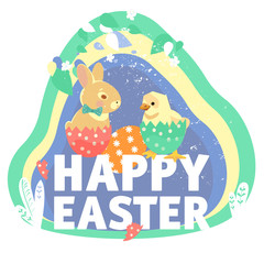 Colorful sweet Happy Easter greeting card. Vector image of Easter symbols.