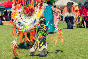 Native American Indian Dancers in Traditional Dress or Regalia. Pow Wow in Malibu, California