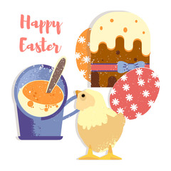 Colorful sweet Happy Easter greeting card. Vector image of Easter symbols.