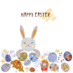 Colorful sweet Happy Easter greeting card. Vector image of Easter symbols.