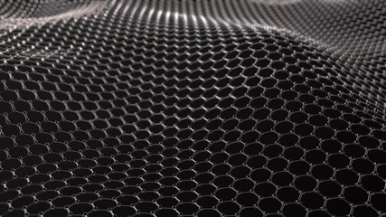 Abstract network connection. Structure big data. Digital background. Glossy metal hexagonal grid with waves. 3d render