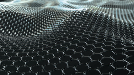 Abstract network connection. Structure big data. Digital background. Glossy metal hexagonal grid with waves. 3d render