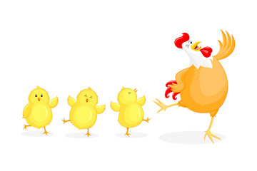 Cute cartoon hen and little chicks. Happy Easter day, cartoon character design. Vector illustration isolated on white background.