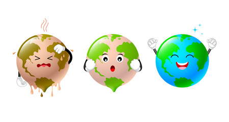 Poorly globe character change to bright world. Global warming concept. Ecological clean planet against pollution environmental. Illustration isolated on white background.