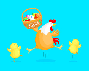 Obraz na płótnie Canvas Cute cartoon hen with little chicks and Easter egg basket. Cartoon character design. Easter holiday concept. Vector illustration isolated on blue background.