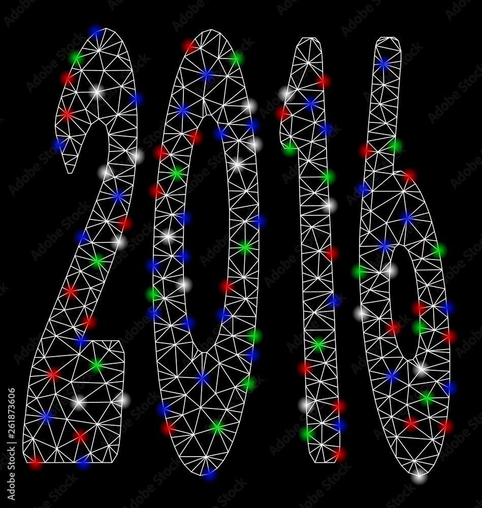 Poster Bright mesh 2016 perspective with glow effect. White wire carcass triangular mesh in vector format on a black background. Abstract 2d mesh built from triangular lines, points, colored light spots.