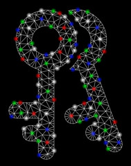Bright mesh access keys with glow effect. White wire frame triangular mesh in vector format on a black background. Abstract 2d mesh designed with triangular lines, dots, colorful light spots.