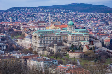 Aerial View of the Buda Castle Royal Palace and surrounding areas in Budapest, Hungary