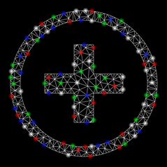 Bright mesh add with glare effect. White wire carcass triangular mesh in vector format on a black background. Abstract 2d mesh built from polygonal grid, small circle, colored glare spots.