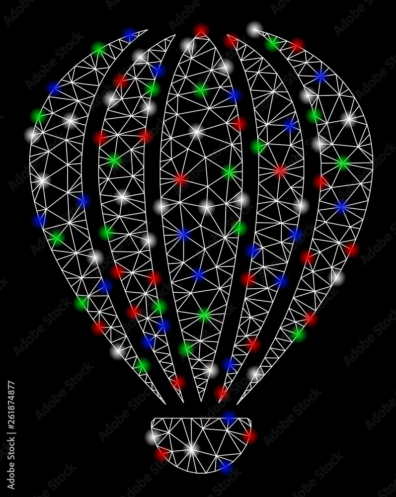 Poster bright mesh aerostat with glare effect. white wire frame polygonal network in vector format on a bla