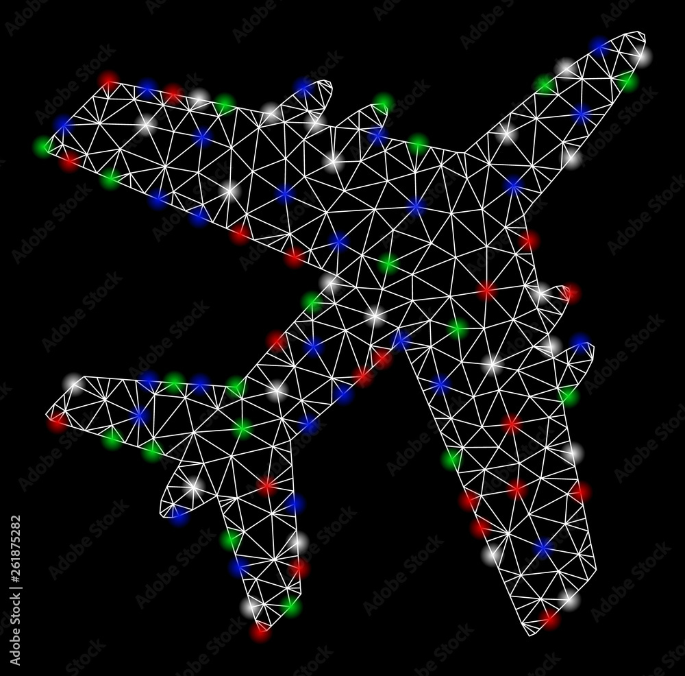 Poster Bright mesh aircraft with glare effect. White wire frame polygonal mesh in vector format on a black background. Abstract 2d mesh designed with polygonal grid, round dots, colorful flare spots.